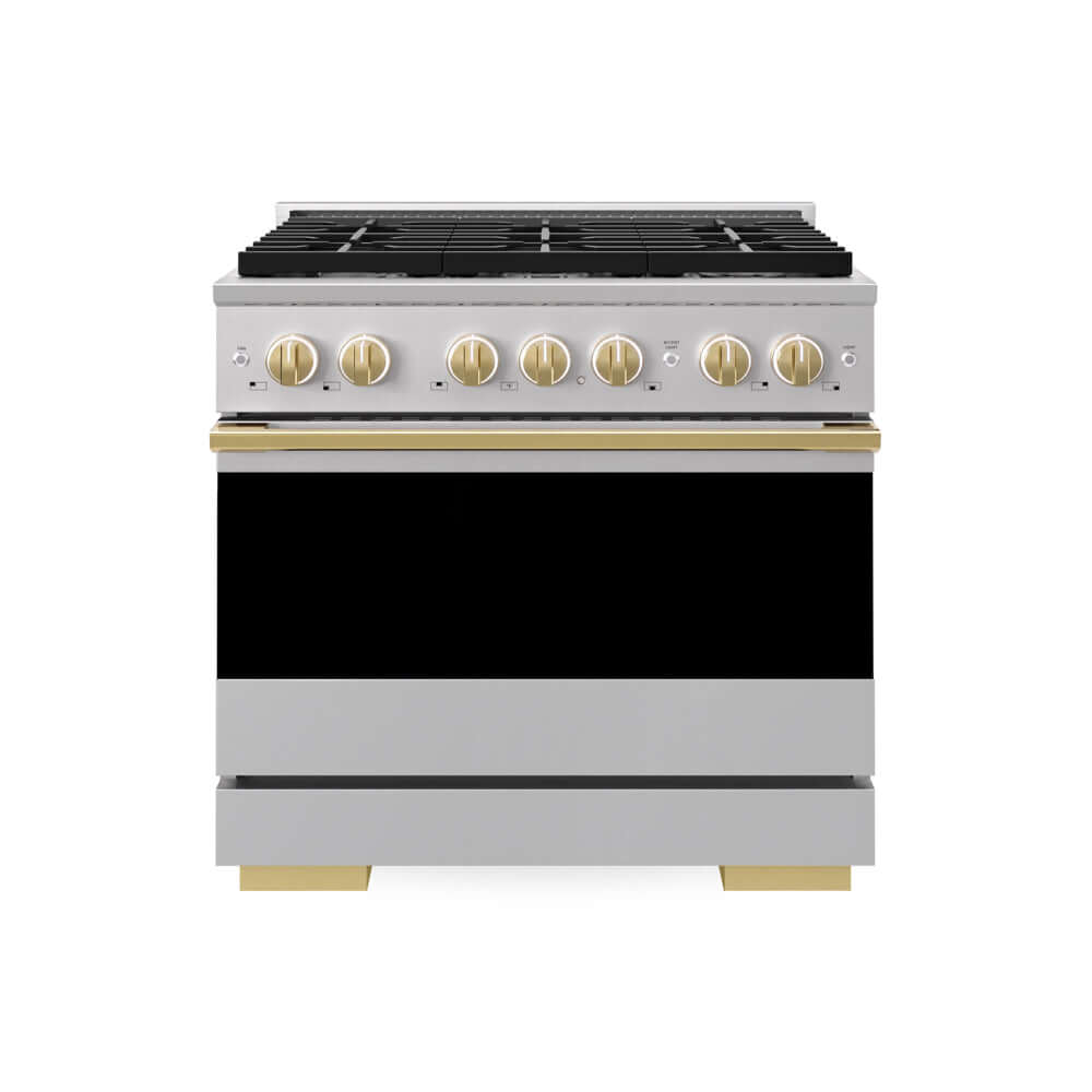 ZLINE Autograph Edition 36 in. 5.2 cu. ft. Marino Gas Range with 6 Burner Cooktop and Convection Gas Oven in Stainless Steel and Polished Gold Accents (MGRZ-36-G) main image.