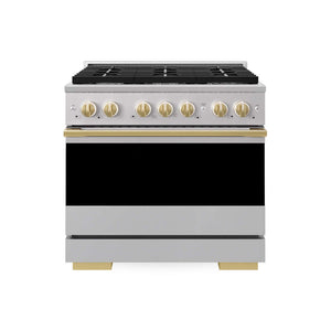 ZLINE Autograph Edition 36 in. 5.2 cu. ft. Marino Gas Range with 6 Burner Cooktop and Convection Gas Oven in Stainless Steel and Polished Gold Accents (MGRZ-36-G) main image.