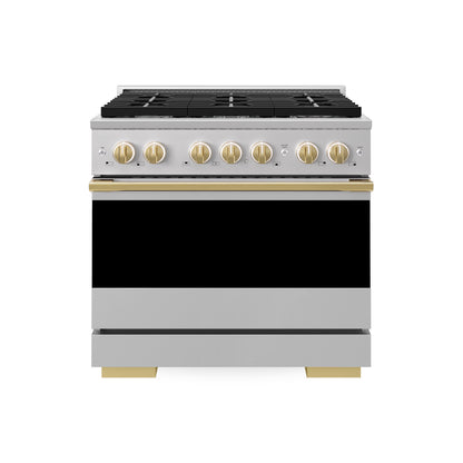 ZLINE Autograph Edition 36 in. 5.2 cu. ft. Marino Gas Range with 6 Burner Cooktop and Convection Gas Oven in Stainless Steel and Polished Gold Accents (MGRZ-36-G)