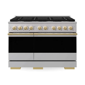 ZLINE Autograph Edition 48 in. 6.7 cu. ft. Marino Double Oven Gas Range with 8 Burner Cooktop in Stainless Steel and Polished Gold Accents (MGRZ-48-G) main image.