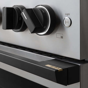 ZLINE Autograph Edition 48 in. 6.7 cu. ft. Marino Double Oven Gas Range with 8 Burner Cooktop in Stainless Steel and Matte Black Accents (MGRZ-48-MB) close-up, oven and cooktop knobs.