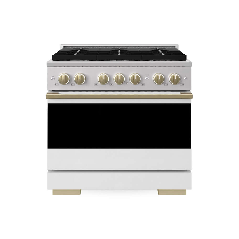 ZLINE Autograph Edition 36 in. 5.2 cu. ft. Marino Gas Range with 6 Burner Cooktop and Convection Gas Oven in Stainless Steel with White Matte Door and Champagne Bronze Accents (MGRZ-WM-36-CB) main image.