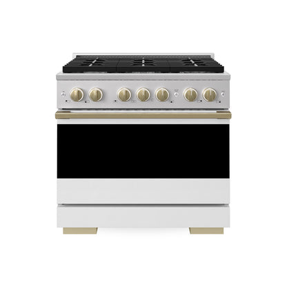 ZLINE Autograph Edition 36 in. 5.2 cu. ft. Marino Gas Range with 6 Burner Cooktop and Convection Gas Oven in Stainless Steel with White Matte Door and Champagne Bronze Accents (MGRZ-WM-36-CB)