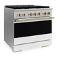 ZLINE Autograph Edition 36 in. 5.2 cu. ft. Marino Gas Range with 6 Burner Cooktop and Convection Gas Oven in Stainless Steel with White Matte Door and Champagne Bronze Accents (MGRZ-WM-36-CB)