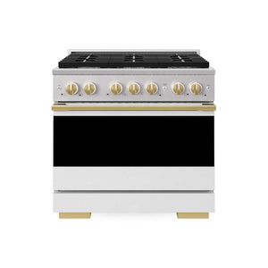 ZLINE Autograph Edition 36 in. 5.2 cu. ft. Marino Gas Range with 6 Burner Cooktop and Convection Gas Oven in Stainless Steel with White Matte Door and Polished Gold Accents (MGRZ-WM-36-G) main image.