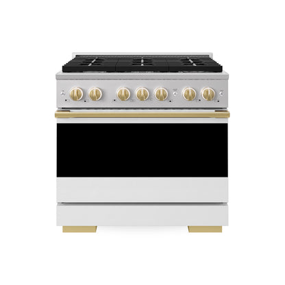 ZLINE Autograph Edition 36 in. 5.2 cu. ft. Marino Gas Range with 6 Burner Cooktop and Convection Gas Oven in Stainless Steel with White Matte Door and Polished Gold Accents (MGRZ-WM-36-G)