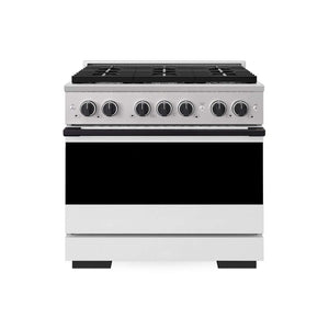 ZLINE Autograph Edition 36 in. 5.2 cu. ft. Marino Gas Range with 6 Burner Cooktop and Convection Gas Oven in Stainless Steel with White Matte Door and Matte Black Accents (MGRZ-WM-36-MB) main image.