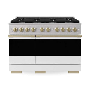 ZLINE Autograph Edition 48 in. 6.7 cu. ft. Marino Double Oven Gas Range with 8 Burner Cooktop in Stainless Steel with White Matte Doors and Champagne Bronze Accents (MGRZ-WM-48-CB) main image.