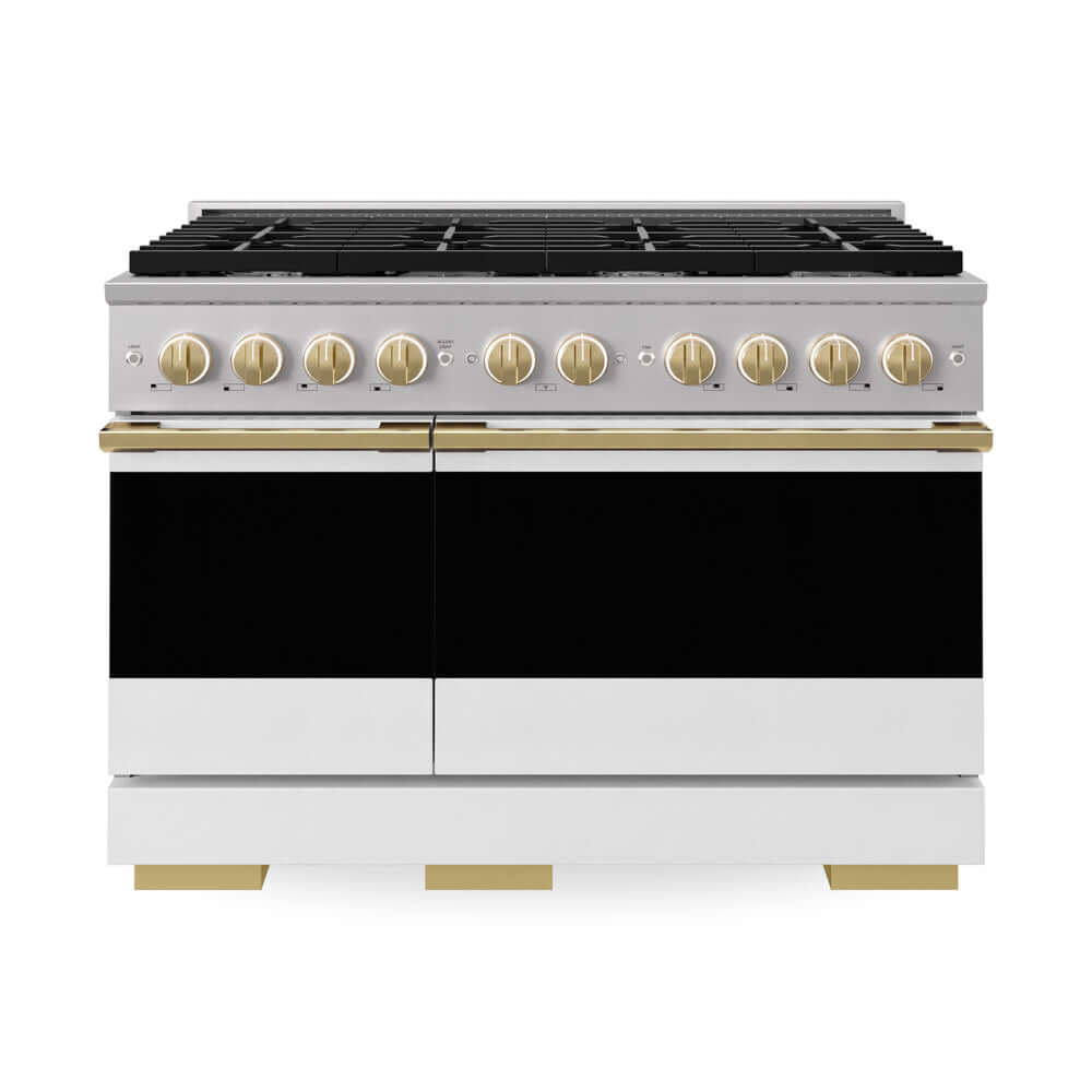 ZLINE Autograph Edition 48 in. 6.7 cu. ft. Marino Double Oven Gas Range with 8 Burner Cooktop in Stainless Steel with White Matte Doors and Polished Gold Accents (MGRZ-WM-48-G) main image.