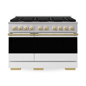 ZLINE Autograph Edition 48 in. 6.7 cu. ft. Marino Double Oven Gas Range with 8 Burner Cooktop in Stainless Steel with White Matte Doors and Polished Gold Accents (MGRZ-WM-48-G) main image.