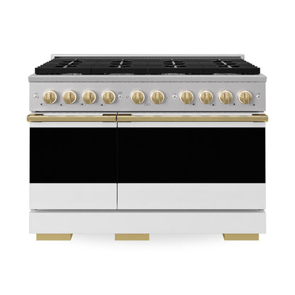 ZLINE Autograph Edition 48 in. 6.7 cu. ft. Marino Double Oven Gas Range with 8 Burner Cooktop in Stainless Steel with White Matte Doors and Polished Gold Accents (MGRZ-WM-48-G)