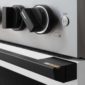 ZLINE Autograph Edition 48 in. 6.7 cu. ft. Marino Double Oven Gas Range with 8 Burner Cooktop in Stainless Steel with White Matte Doors and Matte Black Accents (MGRZ-WM-48-MB) close-up, oven and cooktop knobs.