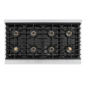 ZLINE 48 in. 6.7 cu. ft. Marino Gas Range with 8 Burner DuoPro™ Cooktop and Dual Ovens in Stainless Steel (PMGR48) top-down, above cooking surface.