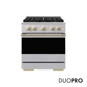 ZLINE Autograph Edition 30 in. 4.2 cu. ft. Marino Gas Range with 4 Burner DuoPro™ Cooktop and Convection Gas Oven in Stainless Steel with Champagne Bronze Accents (PMGRZ-30-CB)