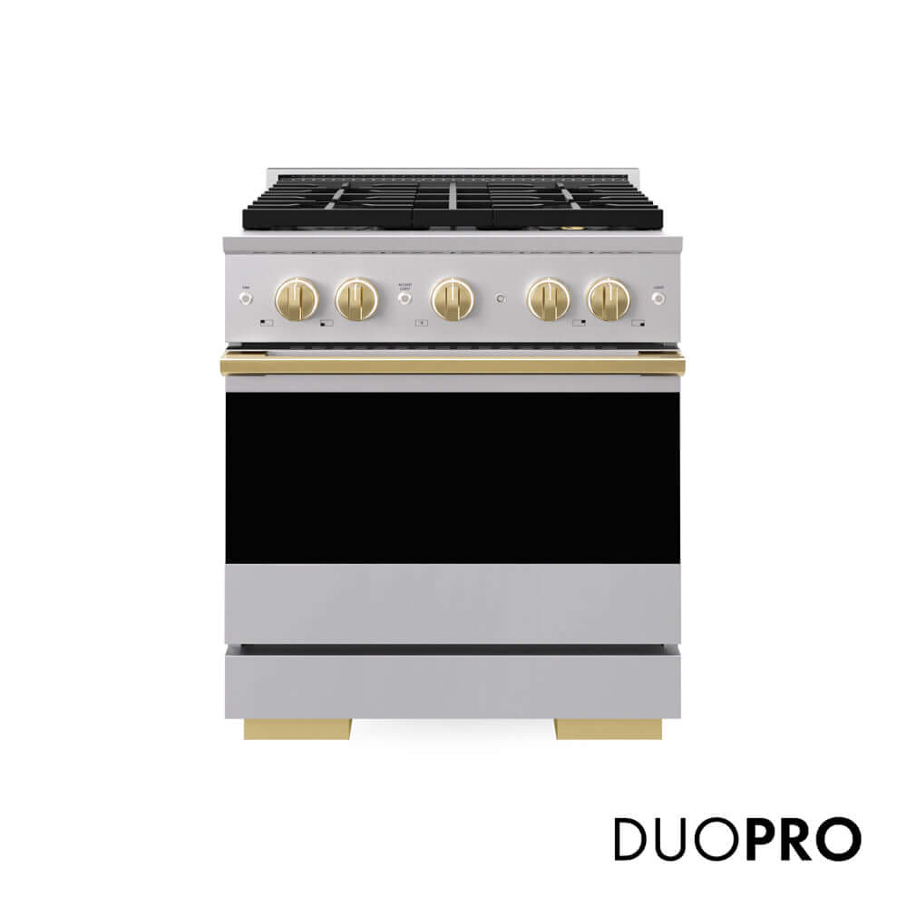 ZLINE Autograph Edition 30 in. 4.2 cu. ft. Marino Gas Range with 4 Burner DuoPro™ Cooktop and Convection Gas Oven in Stainless Steel with Polished Gold Accents (PMGRZ-30-G) main image.