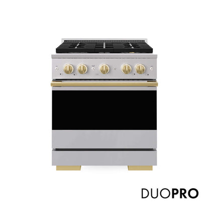 ZLINE Autograph Edition 30 in. 4.2 cu. ft. Marino Gas Range with 4 Burner DuoPro™ Cooktop and Convection Gas Oven in Stainless Steel with Polished Gold Accents (PMGRZ-30-G)