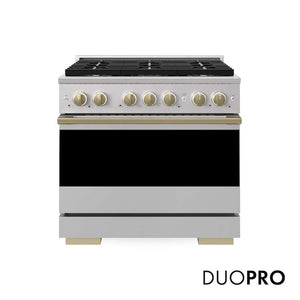 ZLINE Autograph Edition 36 in. 5.2 cu. ft. Marino Gas Range with 6 Burner DuoPro™ Cooktop and Convection Gas Oven in Stainless Steel and Champagne Bronze Accents (PMGRZ-36-CB)