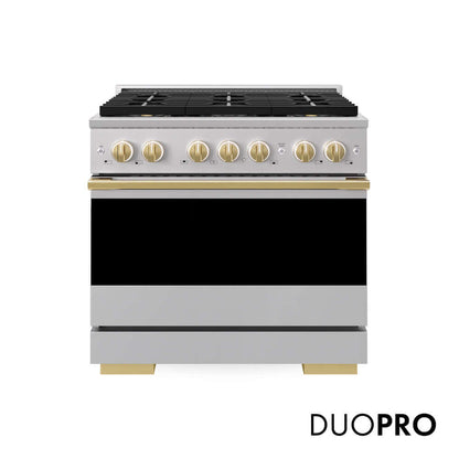 ZLINE Autograph Edition 36 in. 5.2 cu. ft. Marino Gas Range with 6 Burner DuoPro™ Cooktop and Convection Gas Oven in Stainless Steel and Polished Gold Accents (PMGRZ-36-G)