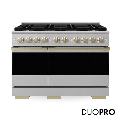 ZLINE Autograph Edition 48 in. 6.7 cu. ft. Marino Gas Range with 8 Burner DuoPro™ Cooktop and Dual Ovens in Stainless Steel and Champagne Bronze Accents (PMGRZ-48-CB)