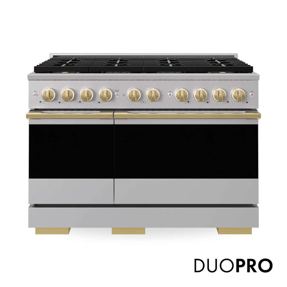 ZLINE Autograph Edition 48 in. 6.7 cu. ft. Marino Gas Range with 8 Burner DuoPro™ Cooktop and Dual Ovens in Stainless Steel and Polished Gold Accents (PMGRZ-48-G) main image.
