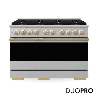 ZLINE Autograph Edition 48 in. 6.7 cu. ft. Marino Gas Range with 8 Burner DuoPro™ Cooktop and Dual Ovens in Stainless Steel and Polished Gold Accents (PMGRZ-48-G)