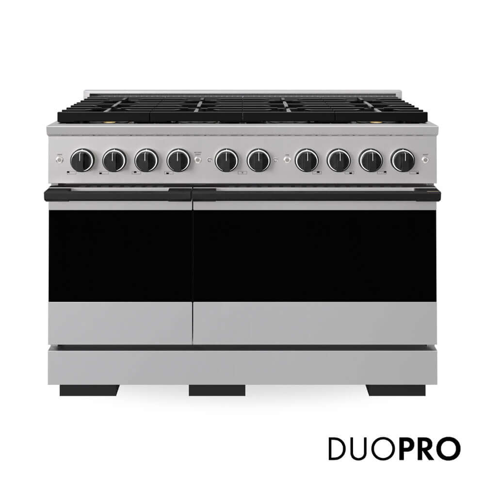 ZLINE Autograph Edition 48 in. 6.7 cu. ft. Marino Gas Range with 8 Burner DuoPro™ Cooktop and Dual Ovens in Stainless Steel and Matte Black Accents (PMGRZ-48-MB) main image.