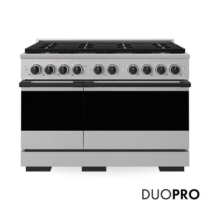 ZLINE Autograph Edition 48 in. 6.7 cu. ft. Marino Gas Range with 8 Burner DuoPro™ Cooktop and Dual Ovens in Stainless Steel and Matte Black Accents (PMGRZ-48-MB)