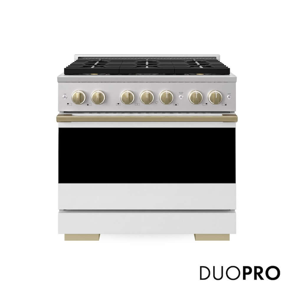 ZLINE Autograph Edition 36 in. 5.2 cu. ft. Marino Gas Range with 6 Burner DuoPro™ Cooktop and Convection Gas Oven with White Matte Door and Champagne Bronze Accents (PMGRZ-WM-36-CB)