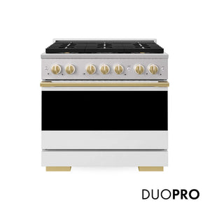 ZLINE Autograph Edition 36 in. 5.2 cu. ft. Marino Gas Range with 6 Burner DuoPro™ Cooktop and Convection Gas Oven with White Matte Door and Polished Gold Accents (PMGRZ-WM-36-G) main image.