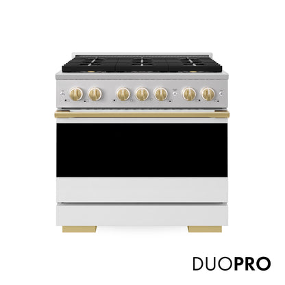 ZLINE Autograph Edition 36 in. 5.2 cu. ft. Marino Gas Range with 6 Burner DuoPro™ Cooktop and Convection Gas Oven with White Matte Door and Polished Gold Accents (PMGRZ-WM-36-G)