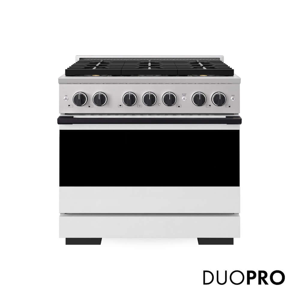 ZLINE Autograph Edition 36 in. 5.2 cu. ft. Marino Gas Range with 6 Burner DuoPro™ Cooktop and Convection Gas Oven with White Matte Door and Matte Black Accents (PMGRZ-WM-36-MB) main image.