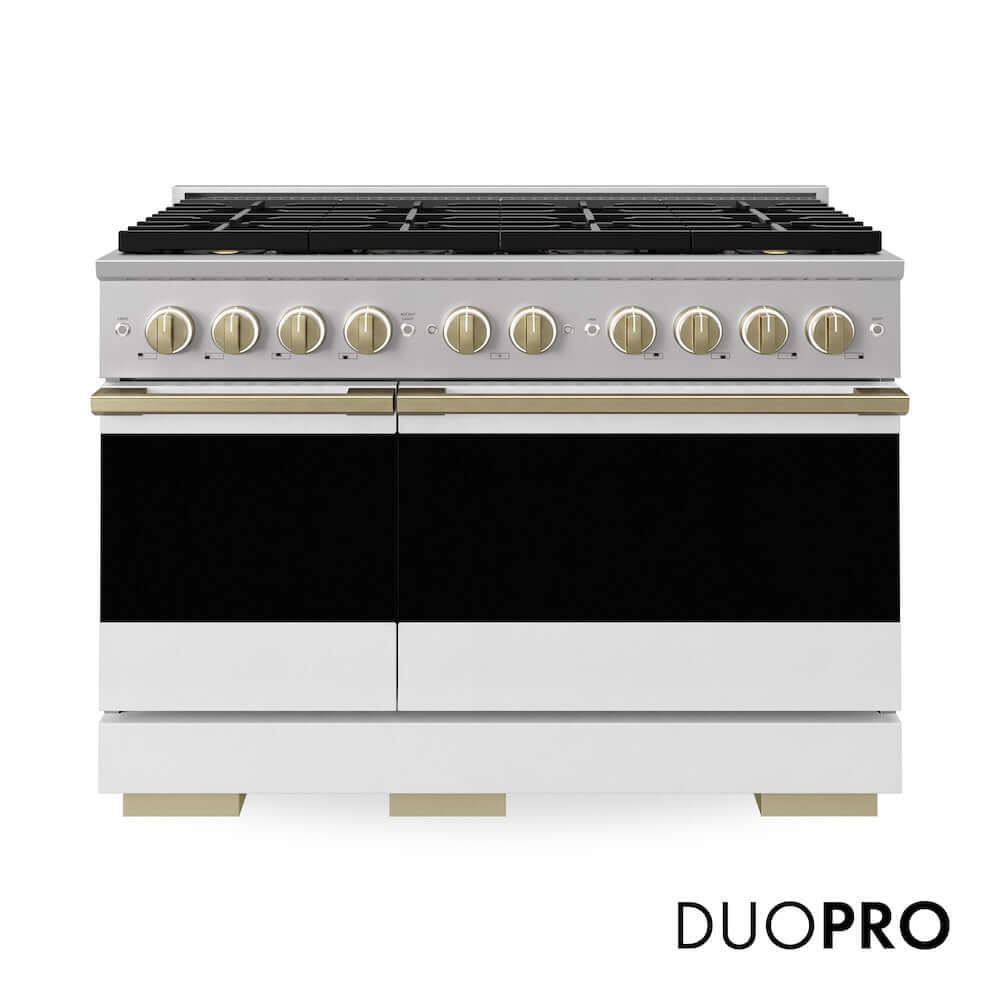 ZLINE Autograph Edition 48 in. 6.7 cu. ft. Marino Gas Range with 8 Burner DuoPro™ Cooktop and Dual Ovens with White Matte Doors and Champagne Bronze Accents (PMGRZ-WM-48-CB)