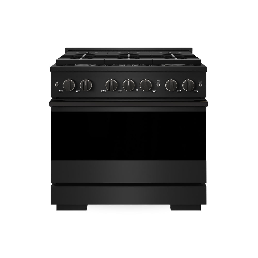 ZLINE 36 in. 5.2 cu. ft. Marino Dual Fuel Range with 6 Burner Gas Cooktop and Electric Convection Oven in Black Stainless Steel (MDRB-36) main image.