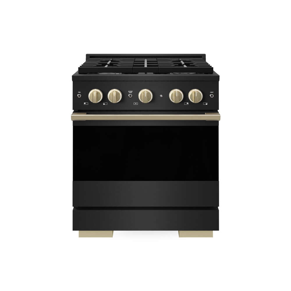 ZLINE Autograph Edition 30 in. 4.2 cu. ft. Marino Dual Fuel Range with 4 Burner Gas Cooktop and Electric Convection Oven in Black Stainless Steel with Champagne Bronze Accents (MDRBZ-30-CB) main image.