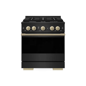 ZLINE Autograph Edition 30 in. 4.2 cu. ft. Marino Dual Fuel Range with 4 Burner Gas Cooktop and Electric Convection Oven in Black Stainless Steel with Champagne Bronze Accents (MDRBZ-30-CB) main image.