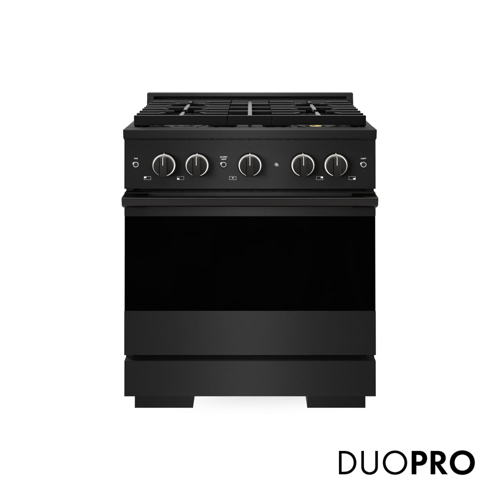 ZLINE 30 in. 4.2 cu. ft. Marino Gas Range with 4 Burner DuoPro™ Cooktop and Convection Gas Oven in Black Stainless Steel (PMGRB-30) main image.