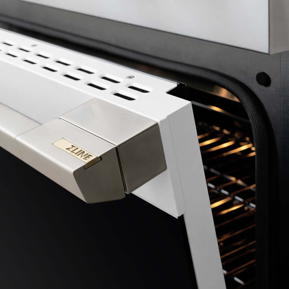 ZLINE 36 in. 5.2 cu. ft. Marino Induction Range with 5 Element Cooktop and Electric Convection Oven in Stainless Steel with White Matte Door (MINR-WM-36) close-up, oven door handle.