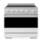 ZLINE 36 in. 5.2 cu. ft. Marino Induction Range with 5 Element Cooktop and Electric Convection Oven in Stainless Steel with White Matte Door (MINR-WM-36) front, oven closed.