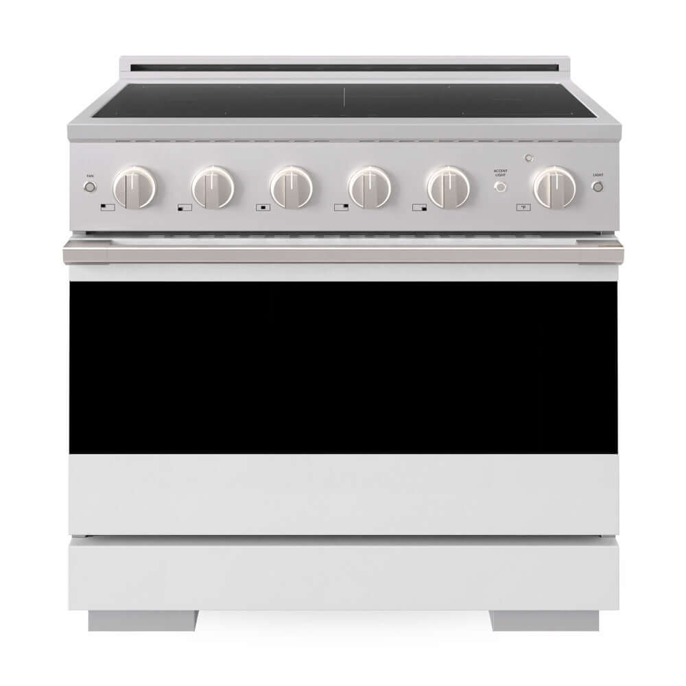 ZLINE 36 in. 5.2 cu. ft. Marino Induction Range with 5 Element Cooktop and Electric Convection Oven in Stainless Steel with White Matte Door (MINR-WM-36) front, oven closed.