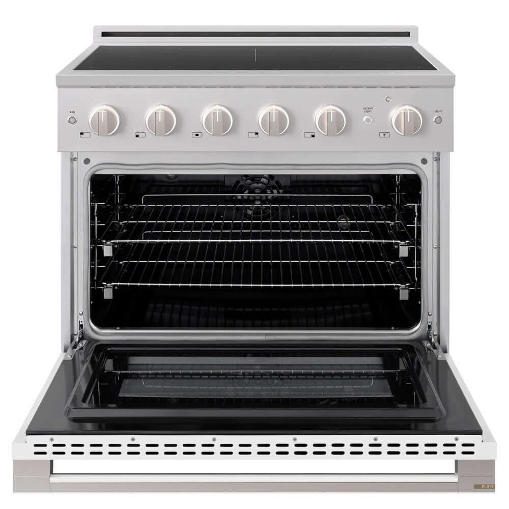 ZLINE 36 in. 5.2 cu. ft. Marino Induction Range with 5 Element Cooktop and Electric Convection Oven in Stainless Steel with White Matte Door (MINR-WM-36) front, oven open.