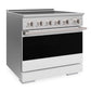 ZLINE 36 in. 5.2 cu. ft. Marino Induction Range with 5 Element Cooktop and Electric Convection Oven in Stainless Steel with White Matte Door (MINR-WM-36) side.