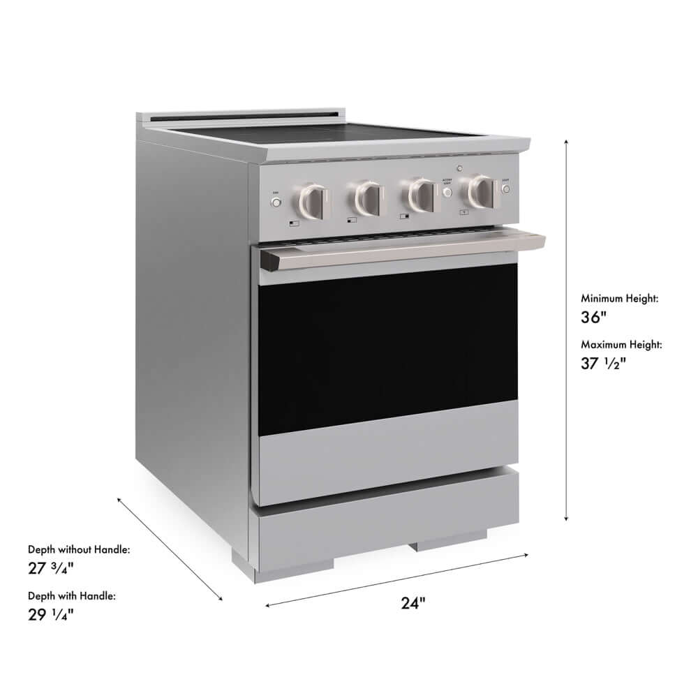 ZLINE 24 in. 3.2 cu. ft. Marino Induction Range with 3 Element Cooktop and Electric Convection Oven in Stainless Steel (MINR24) with dimensions labeled.