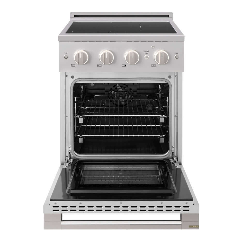 ZLINE 24 in. 3.2 cu. ft. Marino Induction Range with 3 Element Cooktop and Electric Convection Oven in Stainless Steel (MINR24) front, oven open.