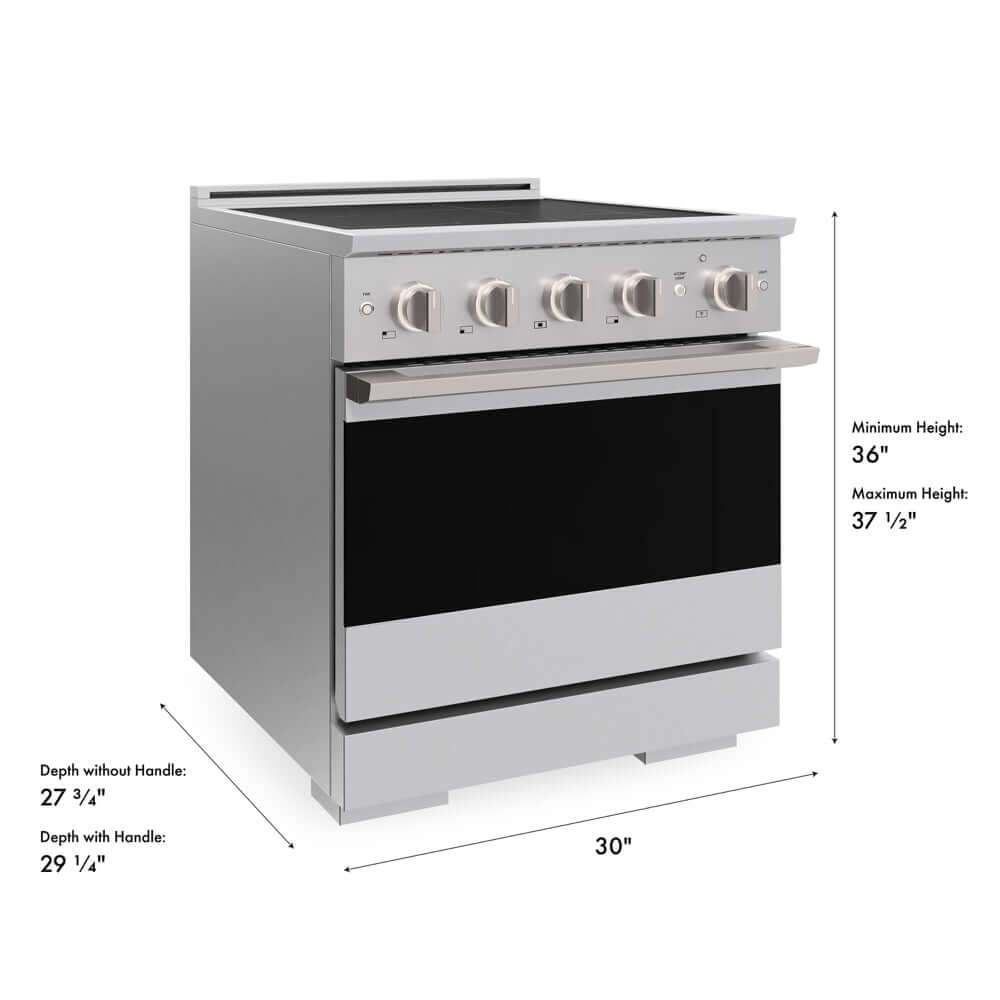 ZLINE 30 in. 4.2 cu. ft. Marino Induction Range with 4 Element Cooktop and Electric Convection Oven in Stainless Steel (MINR30) with dimensions labeled.