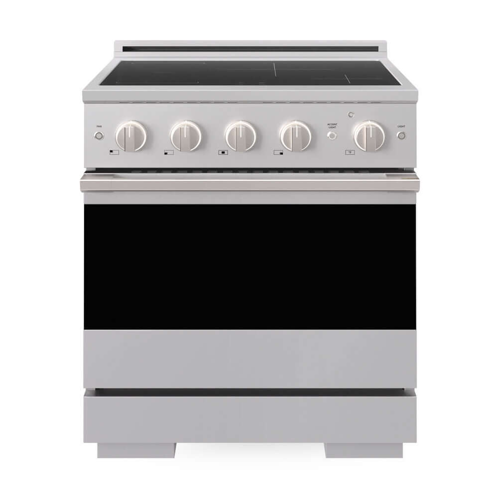 ZLINE 30 in. 4.2 cu. ft. Marino Induction Range with 4 Element Cooktop and Electric Convection Oven in Stainless Steel (MINR30) front, oven closed.