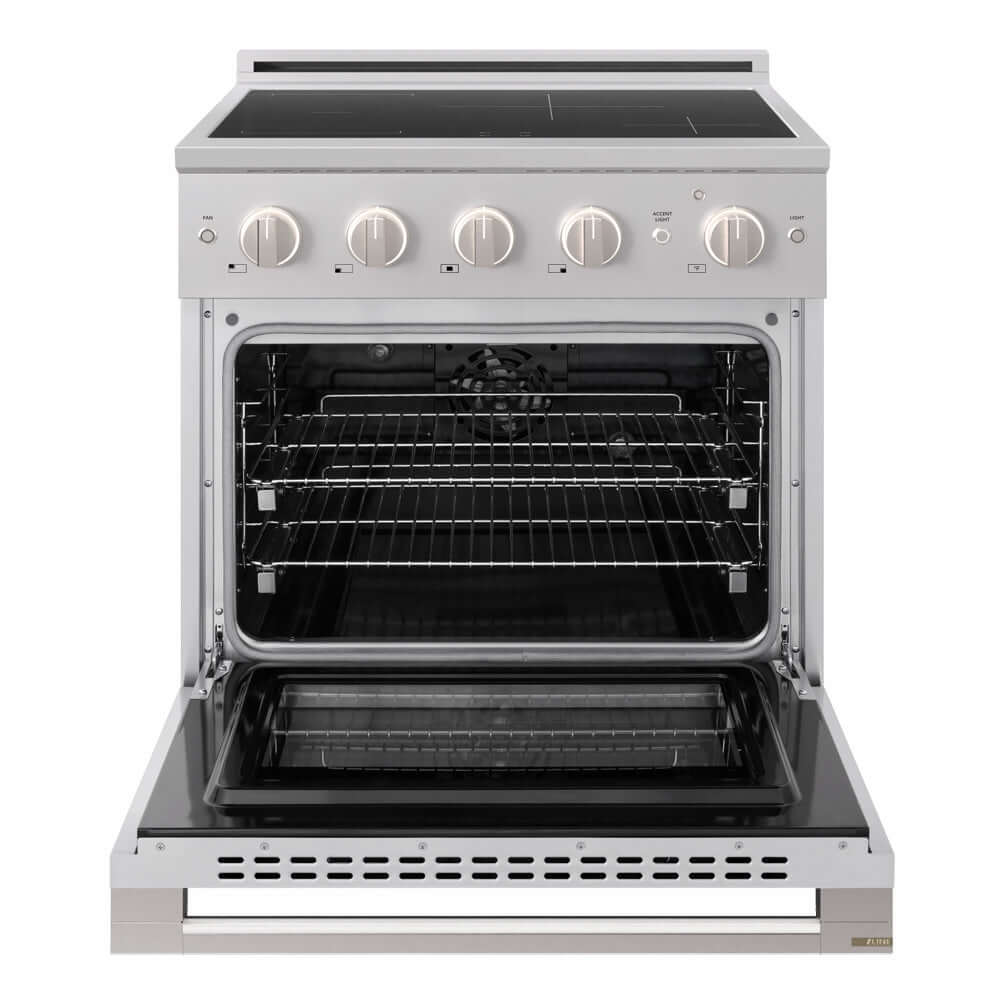 ZLINE 30 in. 4.2 cu. ft. Marino Induction Range with 4 Element Cooktop and Electric Convection Oven in Stainless Steel (MINR30) front, oven open.