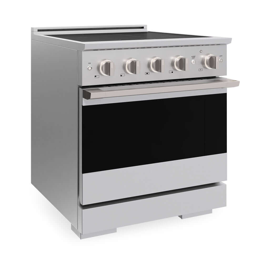 ZLINE 30 in. 4.2 cu. ft. Marino Induction Range with 4 Element Cooktop and Electric Convection Oven in Stainless Steel (MINR30) side.