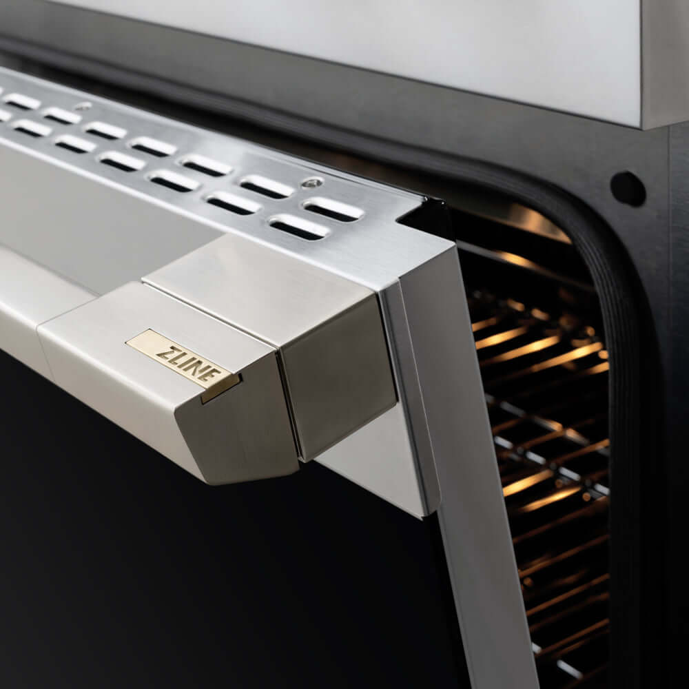 ZLINE 36 in. 5.2 cu. ft. Marino Induction Range with 5 Element Cooktop and Electric Convection Oven in Stainless Steel (MINR36) close-up, oven door handle.