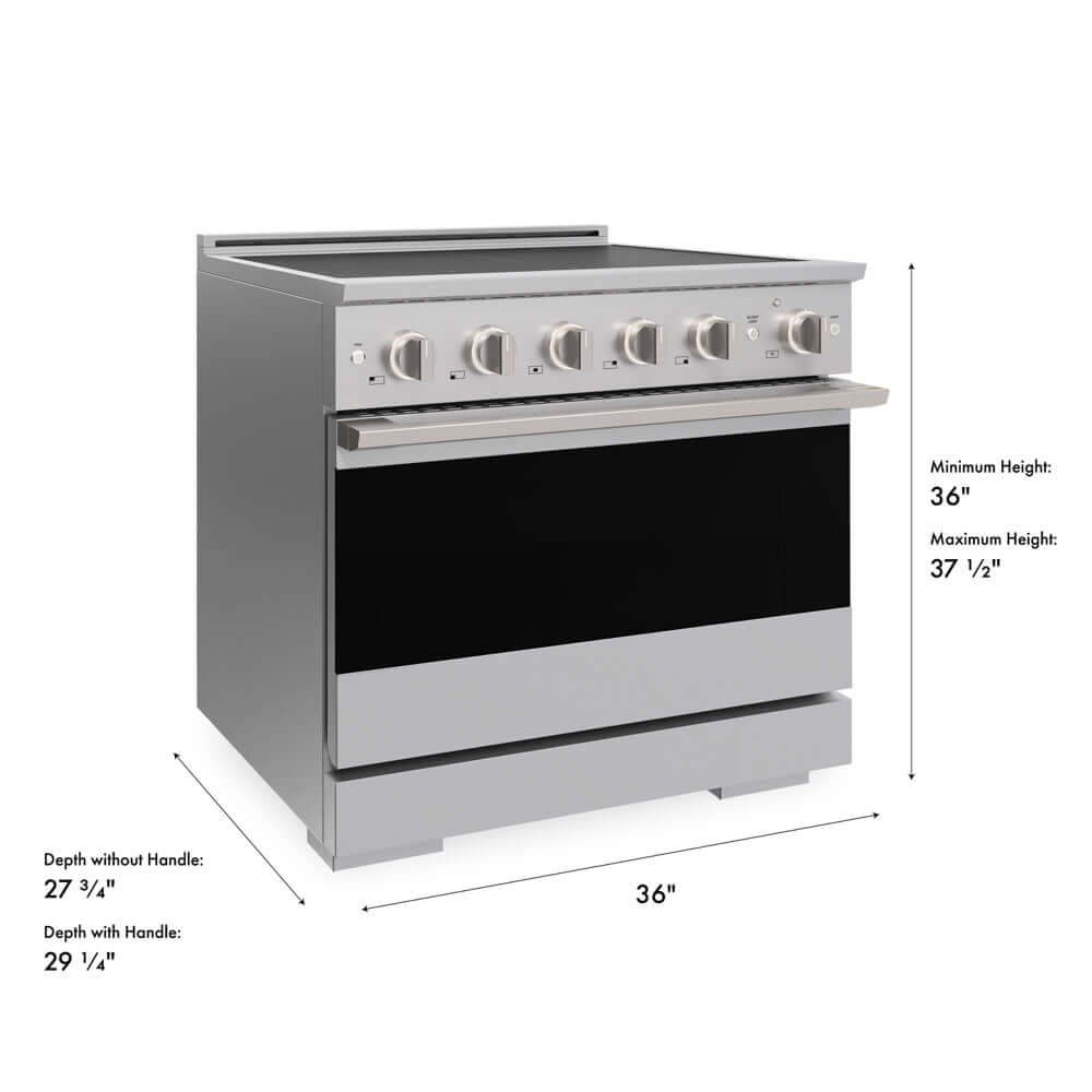 ZLINE 36 in. 5.2 cu. ft. Marino Induction Range with 5 Element Cooktop and Electric Convection Oven in Stainless Steel (MINR36) with dimensions labeled.