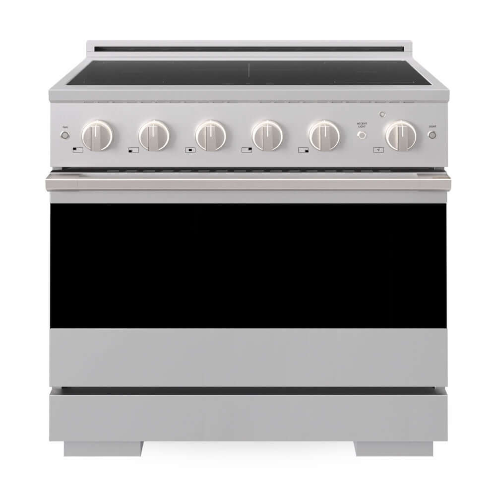 ZLINE 36 in. 5.2 cu. ft. Marino Induction Range with 5 Element Cooktop and Electric Convection Oven in Stainless Steel (MINR36) front, oven closed.